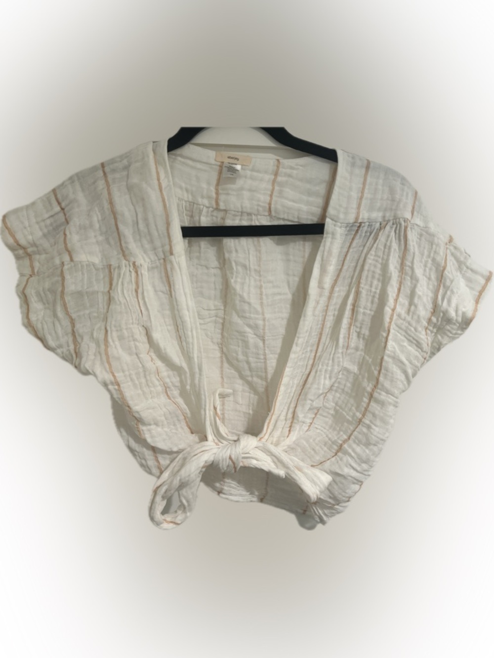 Eberjey White Crop Top with Tan Stripes and Tie Front large